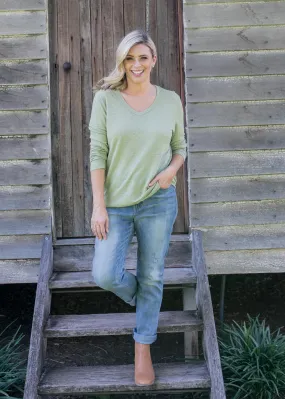100% Linen Long Sleeve V Neck Tee Shirt Khaki
