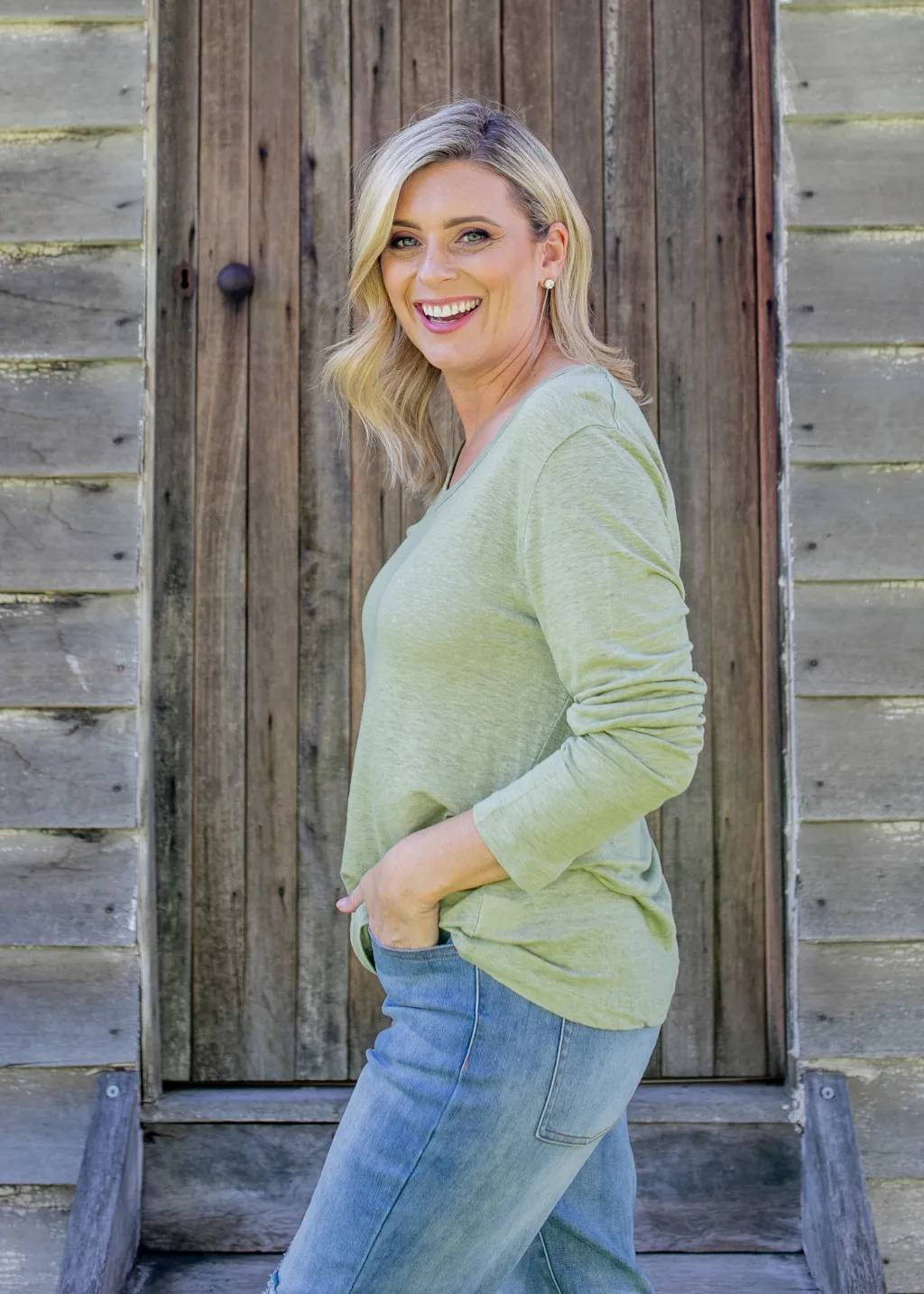 100% Linen Long Sleeve V Neck Tee Shirt Khaki