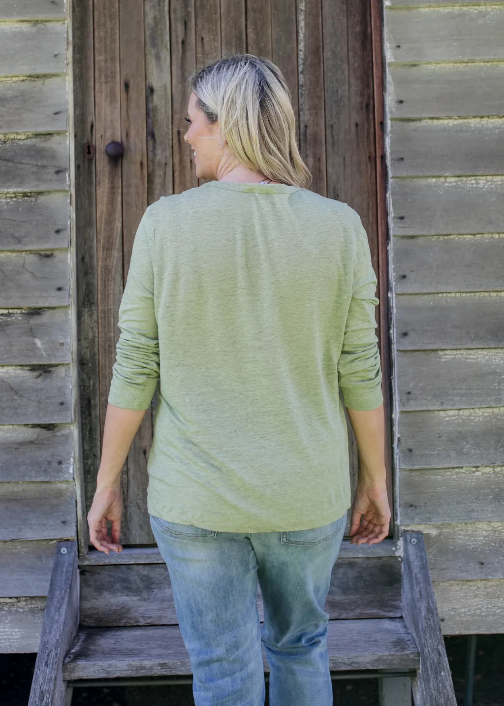 100% Linen Long Sleeve V Neck Tee Shirt Khaki