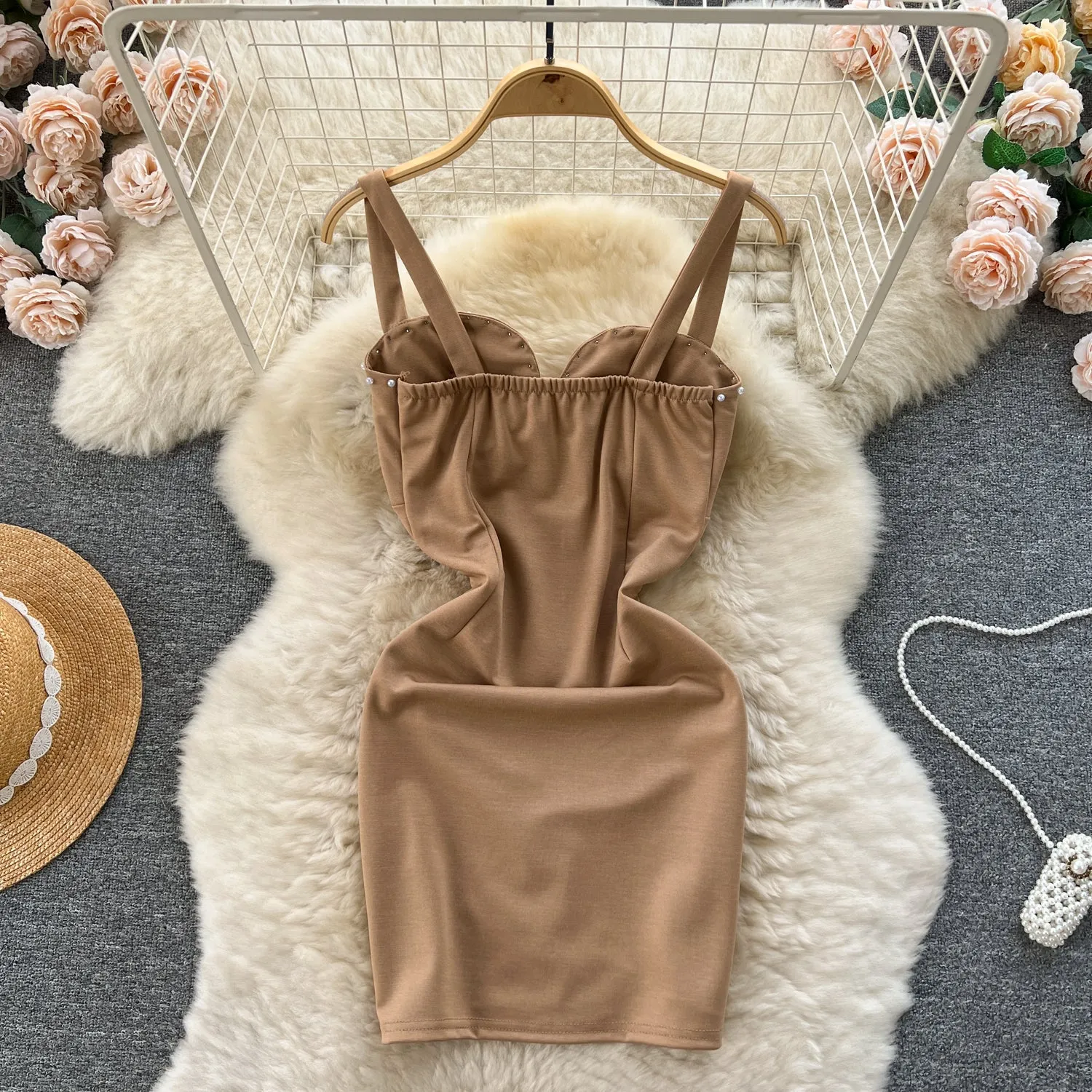 Beaded Hip-wrapping Pleated Slip Dress