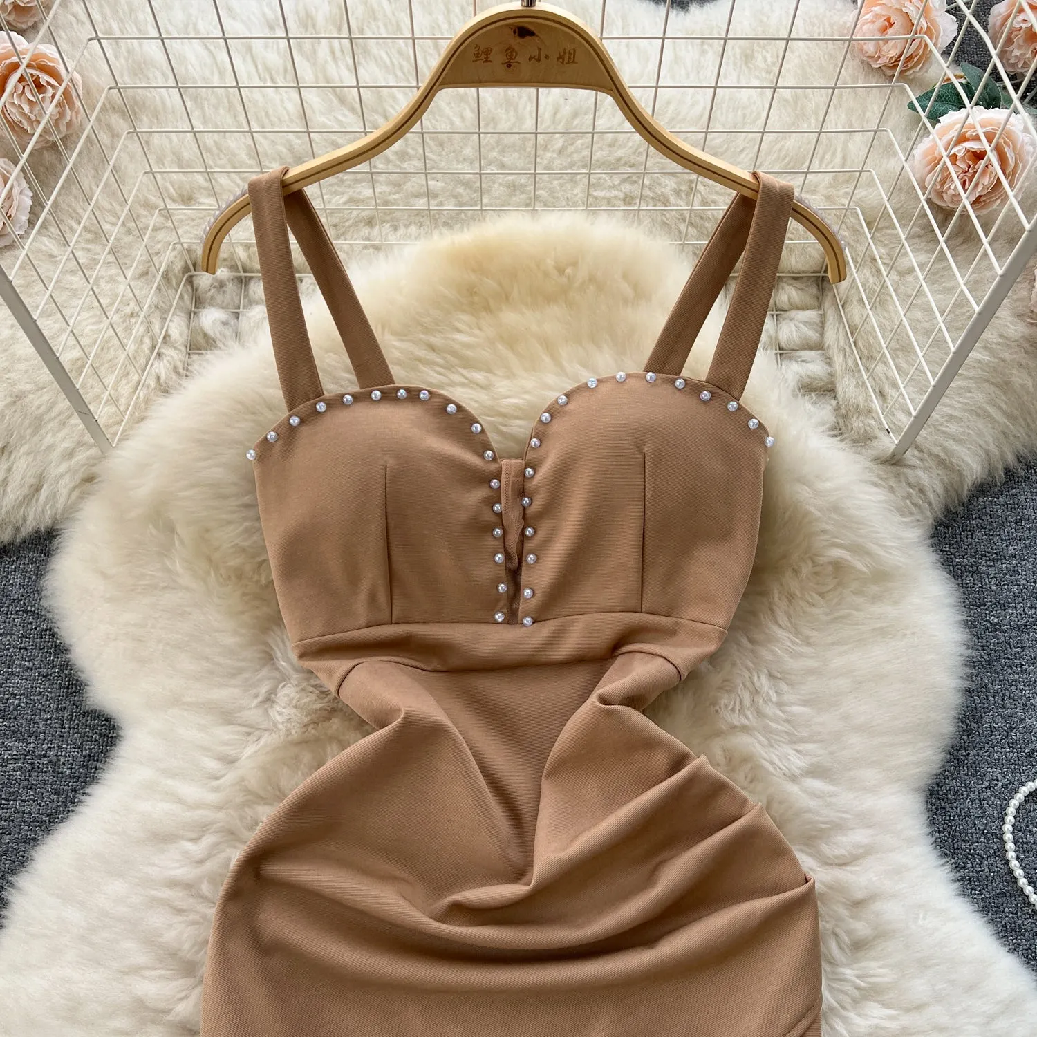 Beaded Hip-wrapping Pleated Slip Dress