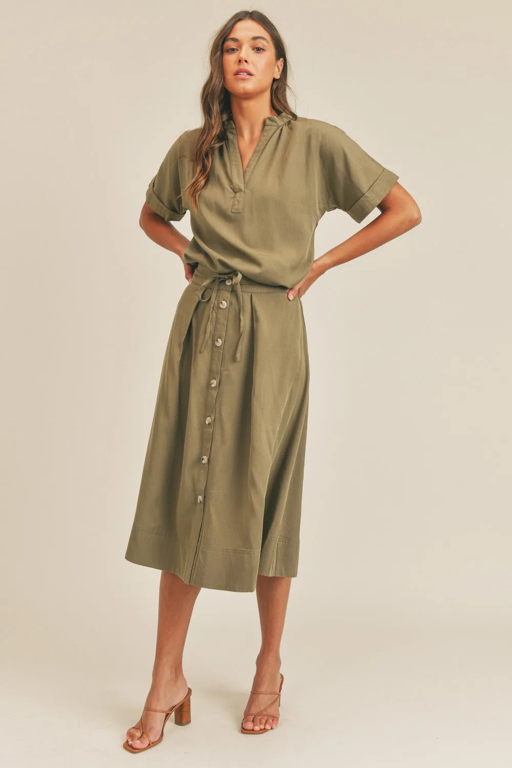 Blue Zone Planet |  MABLE Short Sleeve Top and Button Down Midi Skirt Set