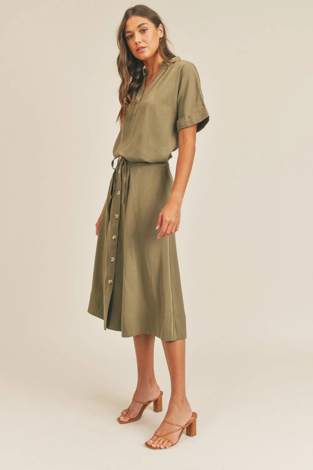 Blue Zone Planet |  MABLE Short Sleeve Top and Button Down Midi Skirt Set