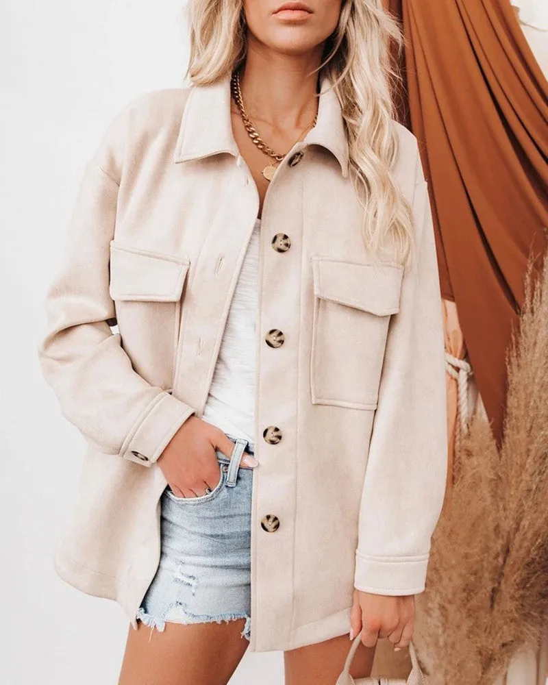Button Front Pocket Design Suede Coat