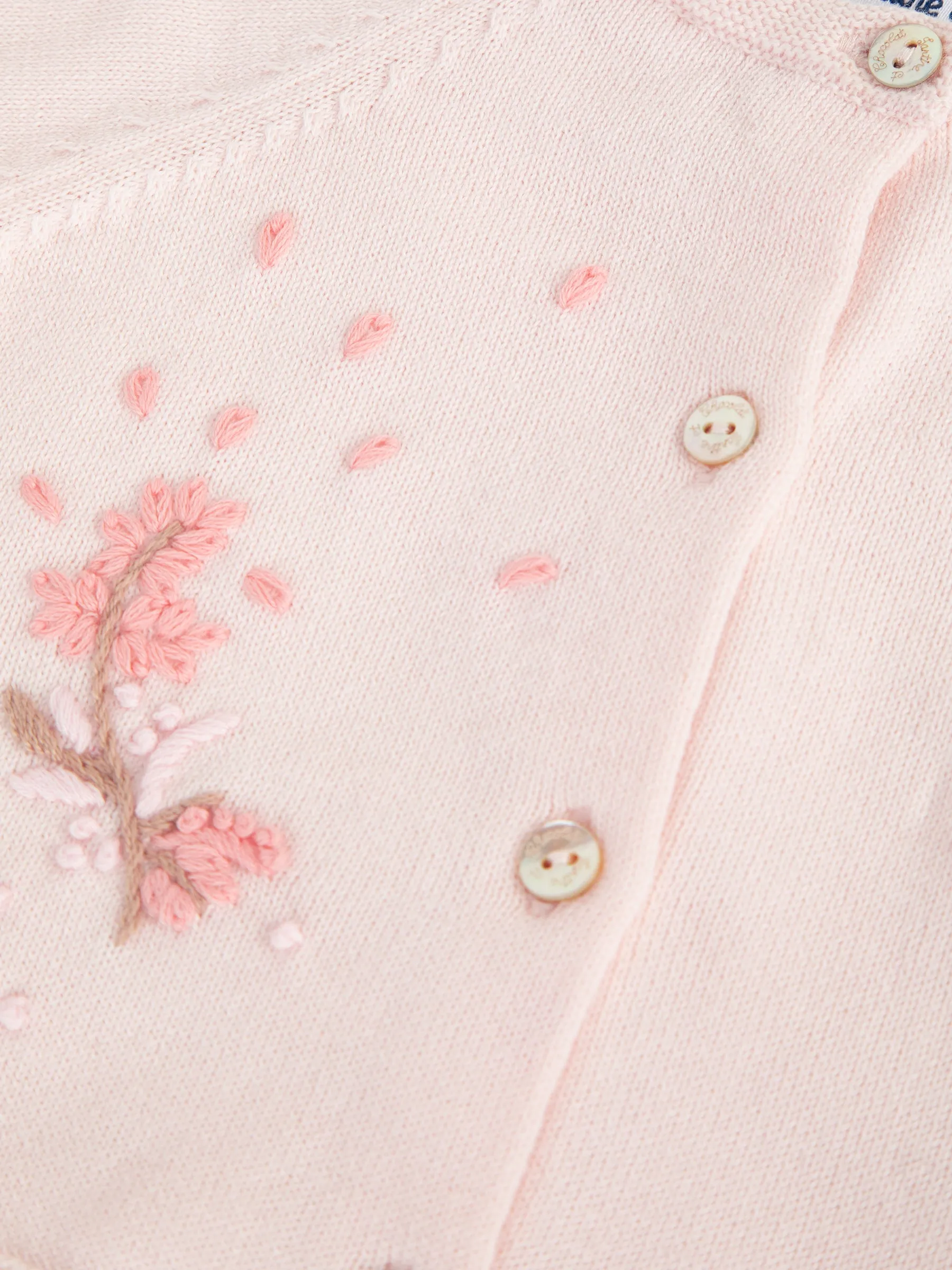 Cardigan - Pale pink cotton knit with floral embroidery