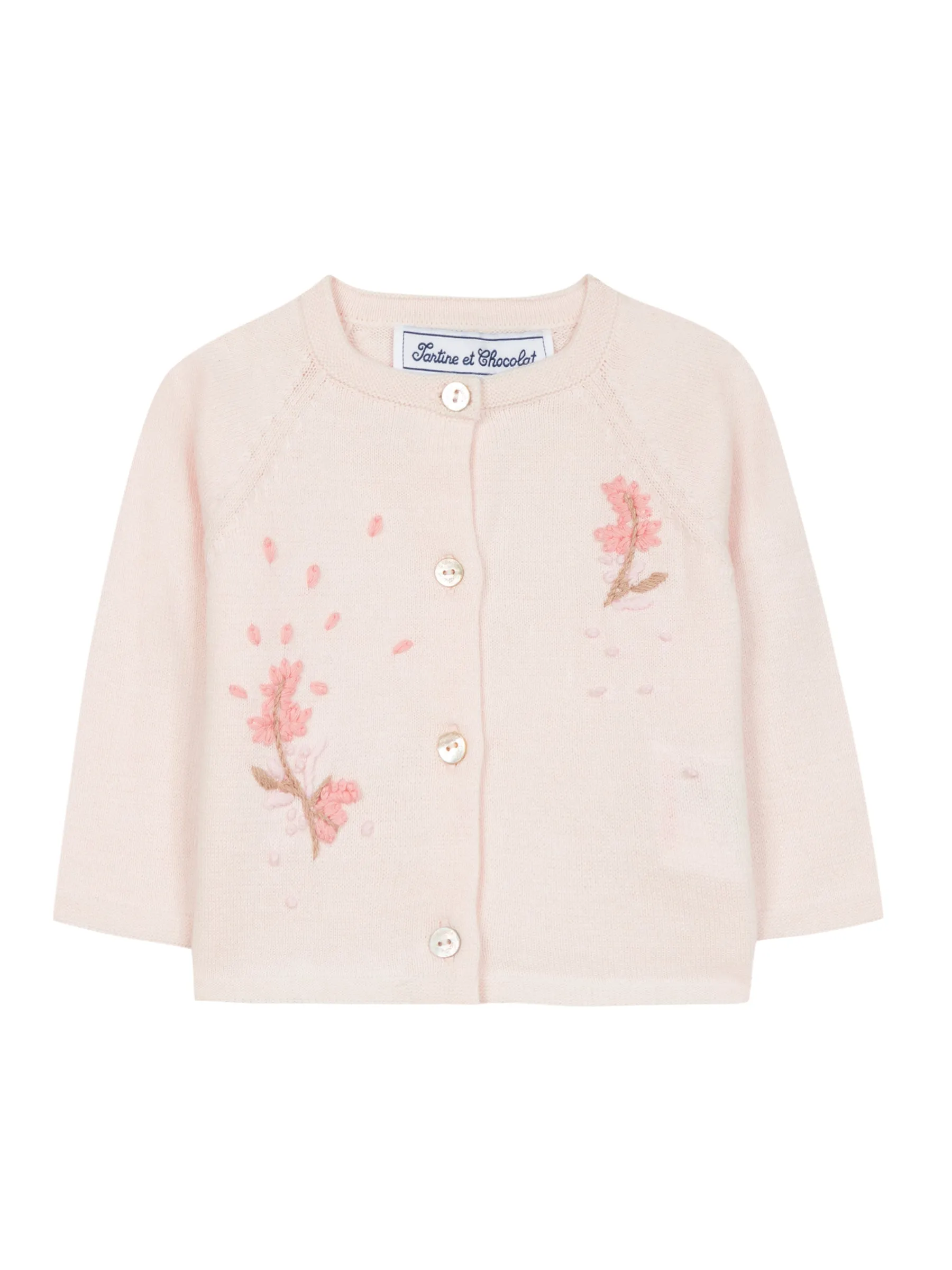 Cardigan - Pale pink cotton knit with floral embroidery