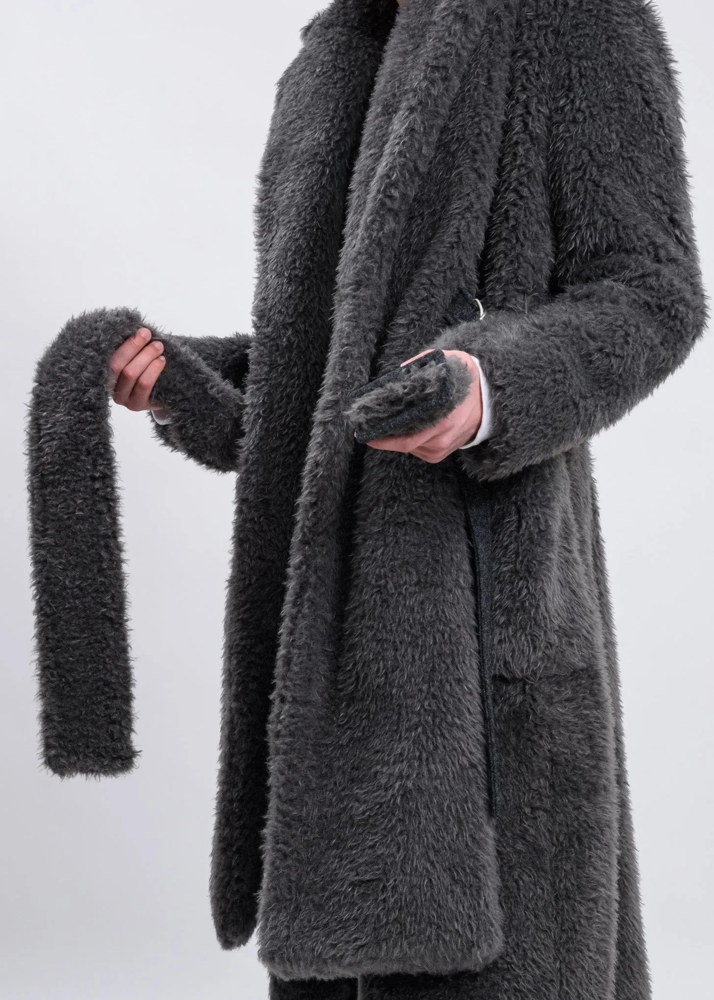 Charcoal Shaggy Fur Belted Coat