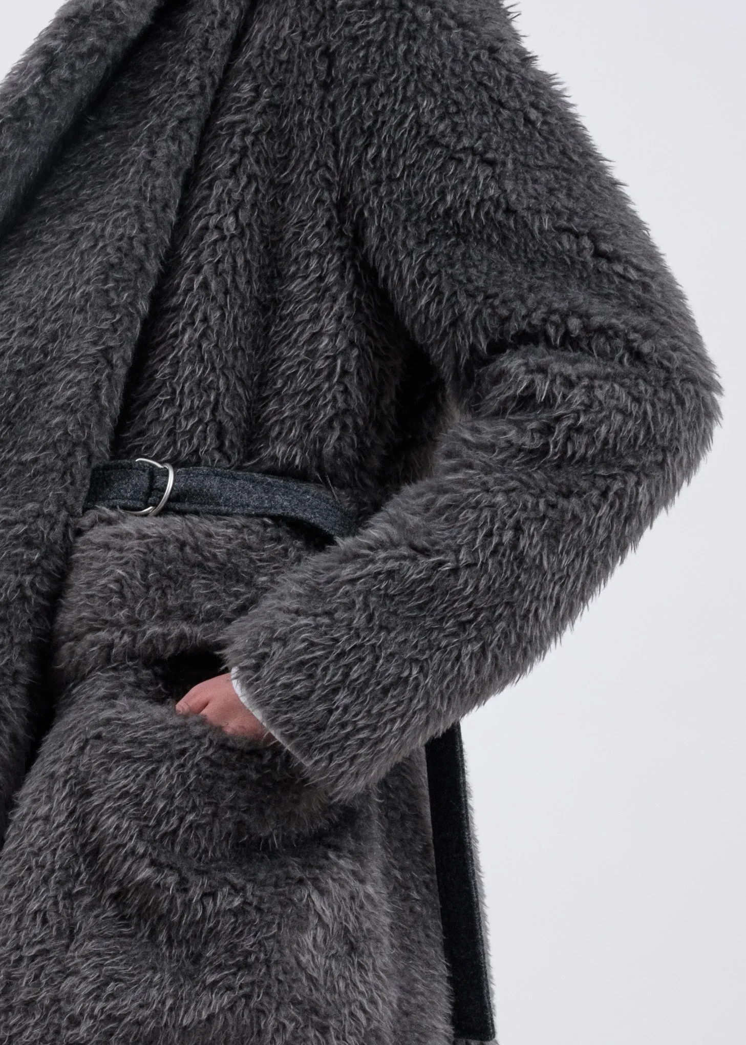 Charcoal Shaggy Fur Belted Coat