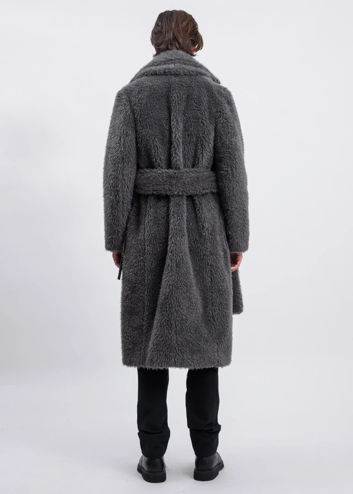 Charcoal Shaggy Fur Belted Coat