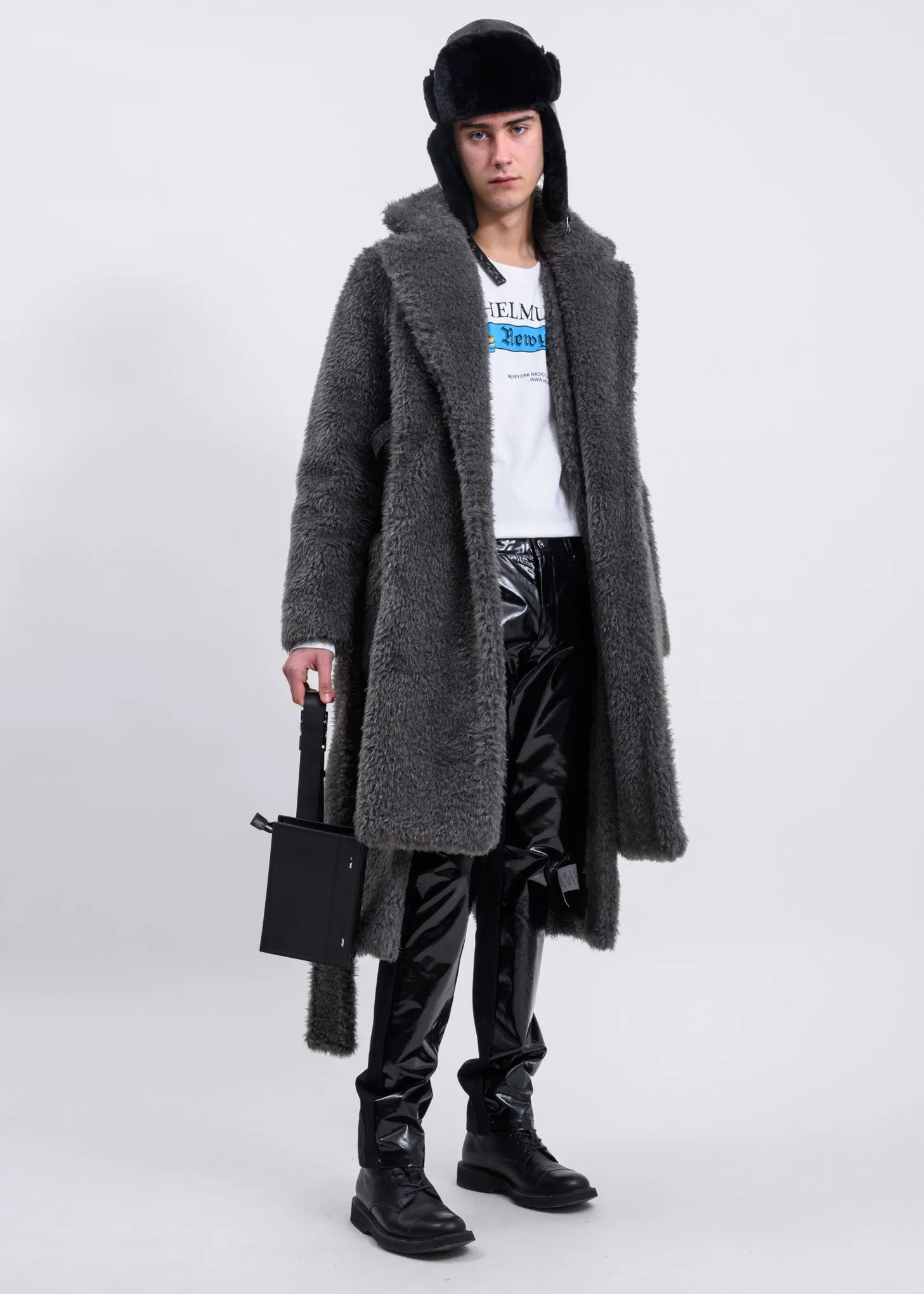Charcoal Shaggy Fur Belted Coat