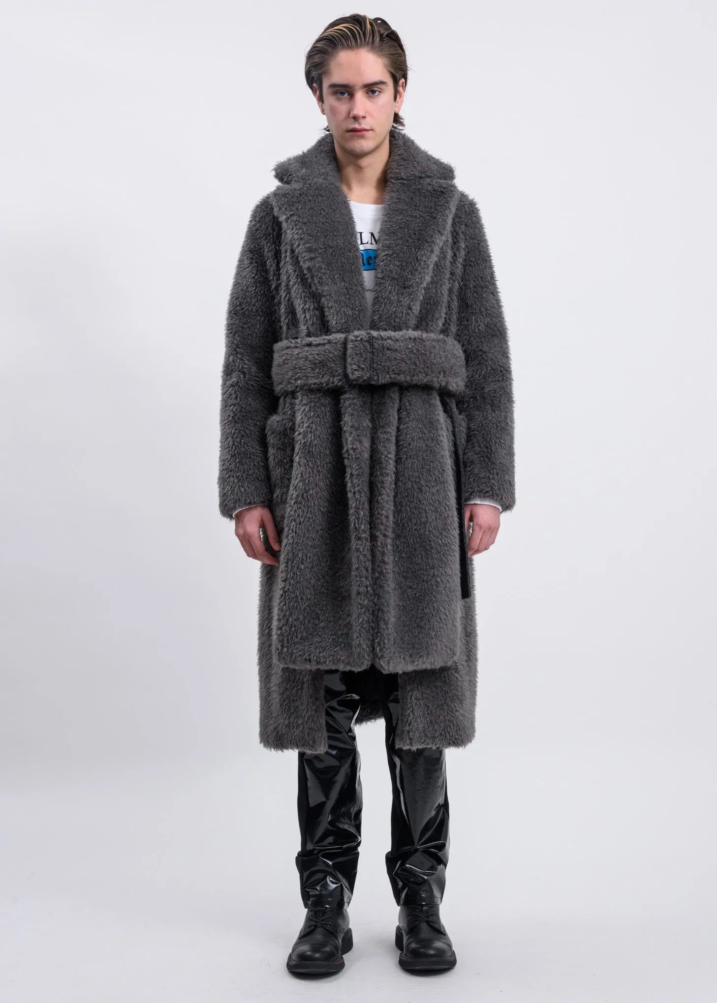 Charcoal Shaggy Fur Belted Coat