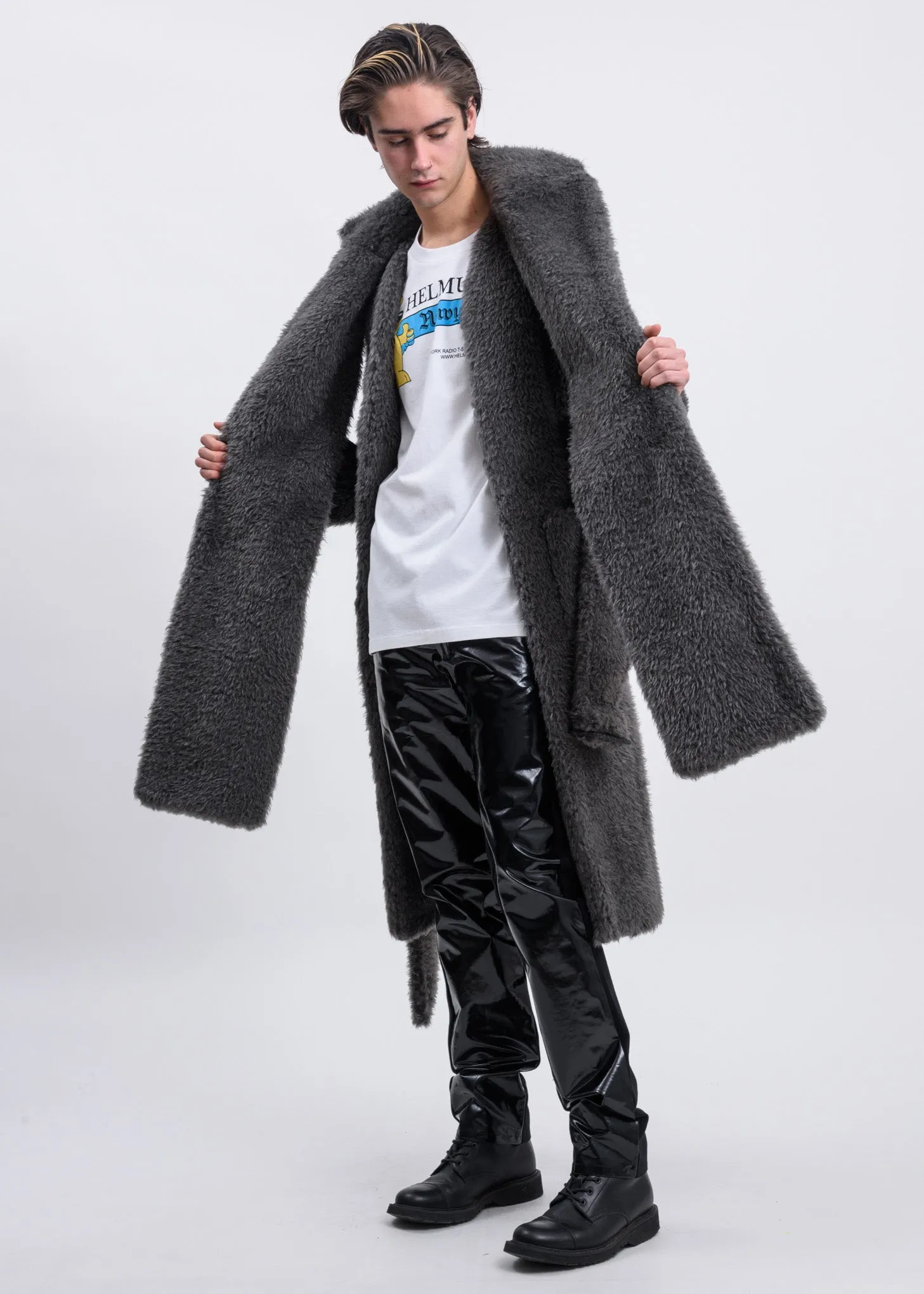 Charcoal Shaggy Fur Belted Coat