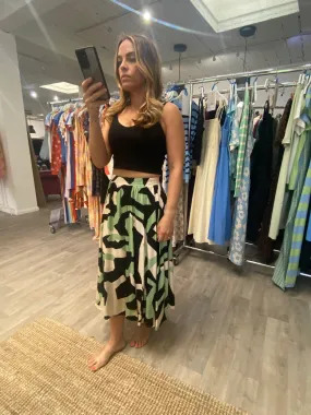 Compania Fantastica Sage Green Geometric Print Flared Midi Skirt