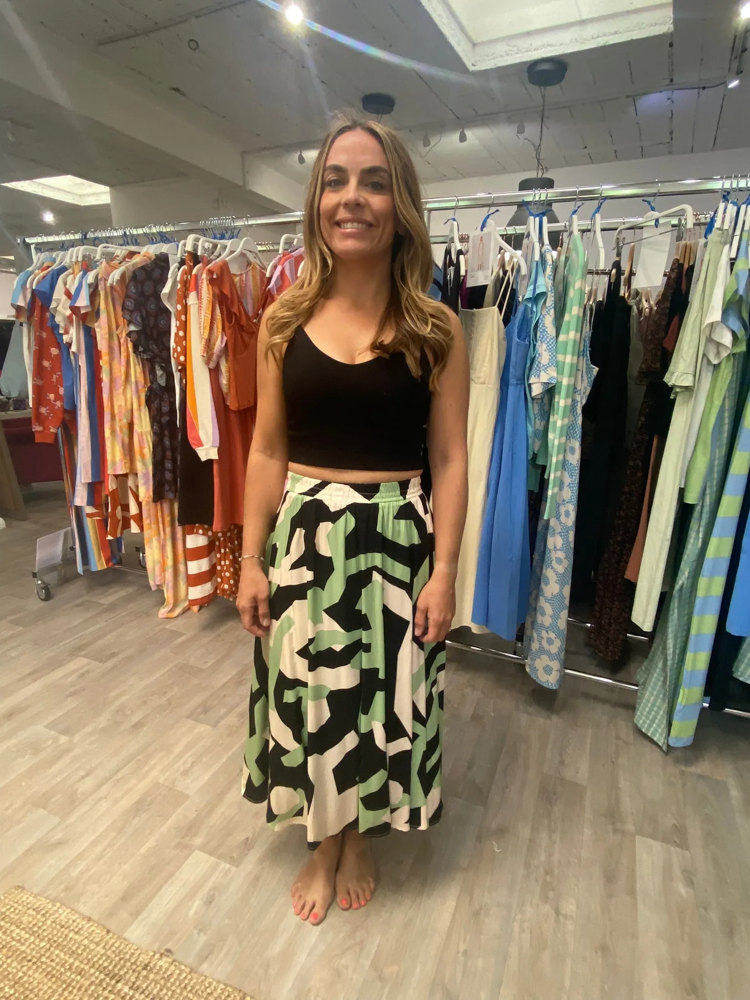 Compania Fantastica Sage Green Geometric Print Flared Midi Skirt