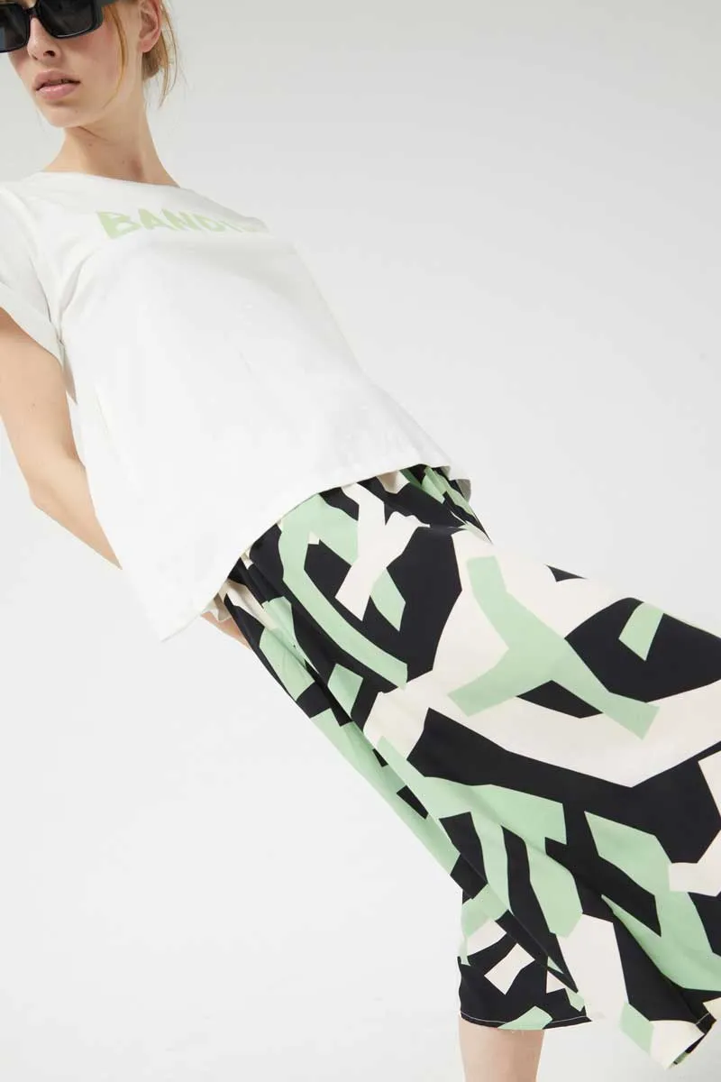 Compania Fantastica Sage Green Geometric Print Flared Midi Skirt