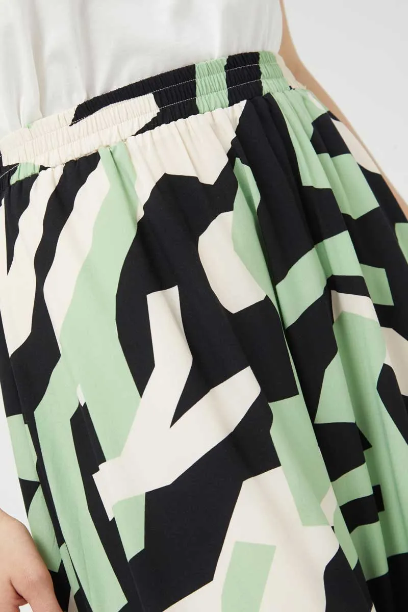 Compania Fantastica Sage Green Geometric Print Flared Midi Skirt