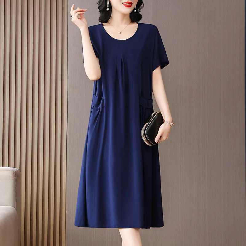 Cotton Silk Midi Dress Mother's Short Sleeve Loose Printed Dress