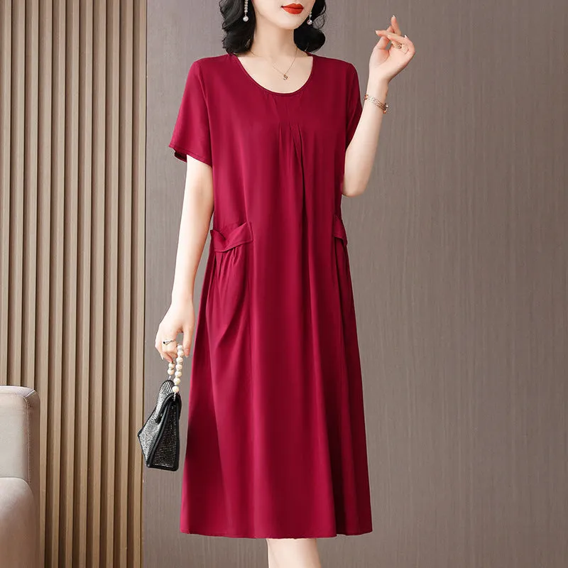 Cotton Silk Midi Dress Mother's Short Sleeve Loose Printed Dress