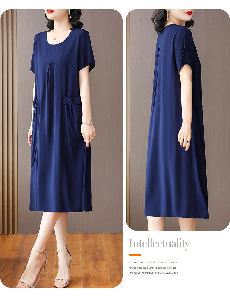 Cotton Silk Midi Dress Mother's Short Sleeve Loose Printed Dress