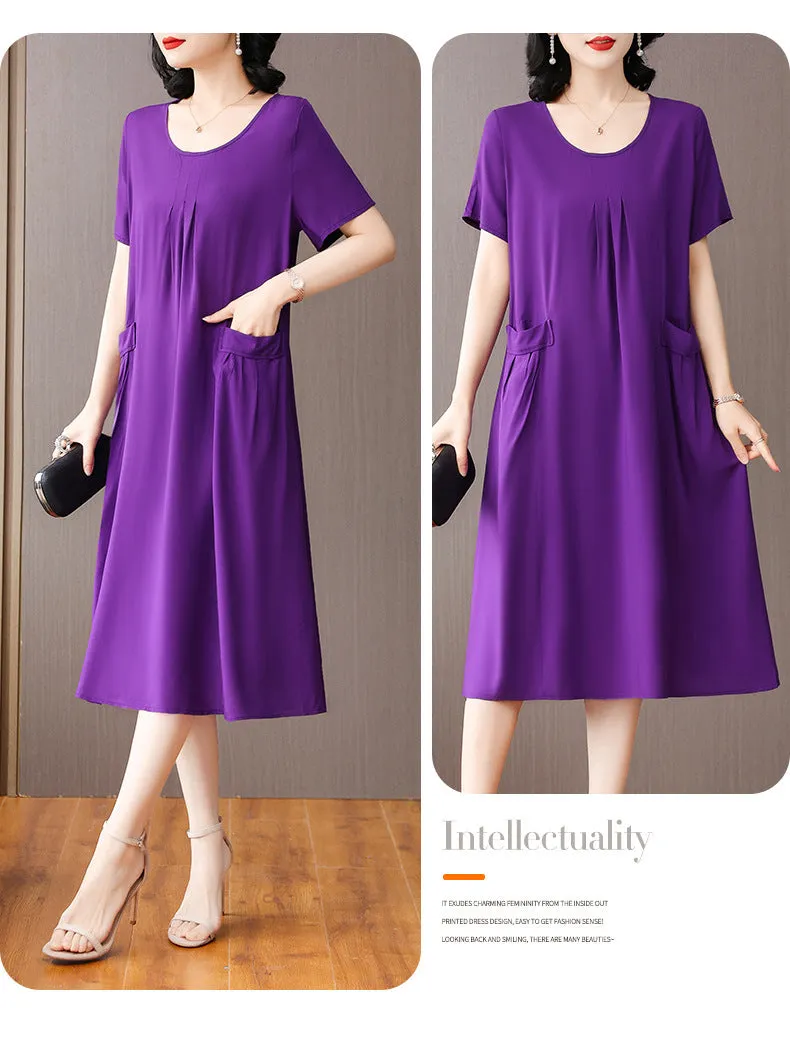 Cotton Silk Midi Dress Mother's Short Sleeve Loose Printed Dress