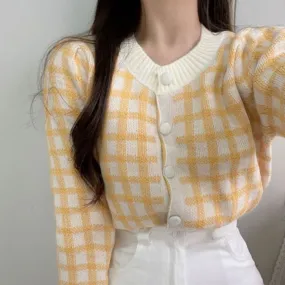 Crew Neck Plaid Cardigan
