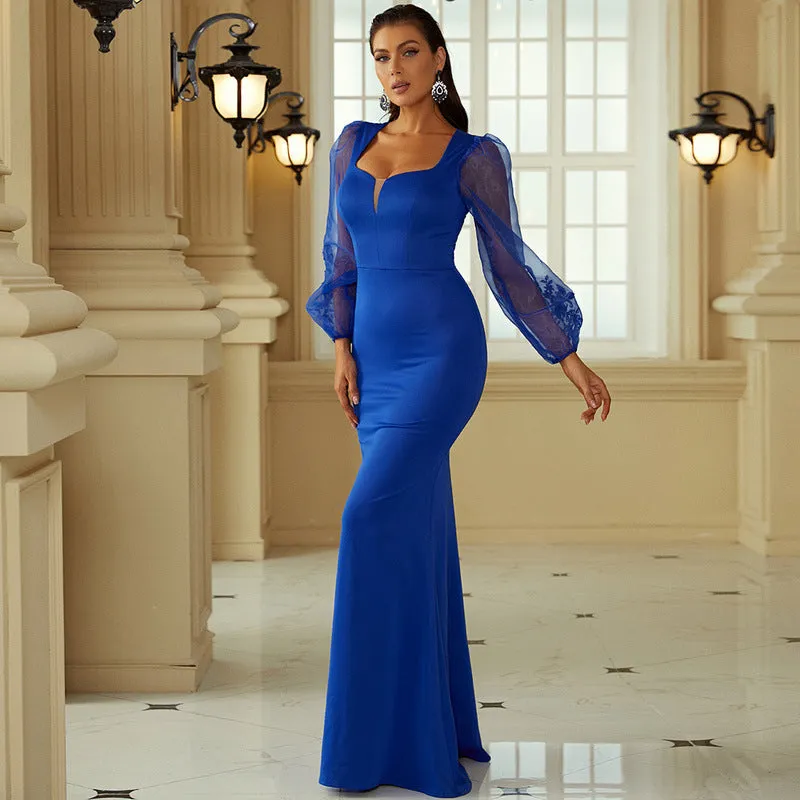 Elegant Long Sleeves Square Neck Slim Fit Evening Dress