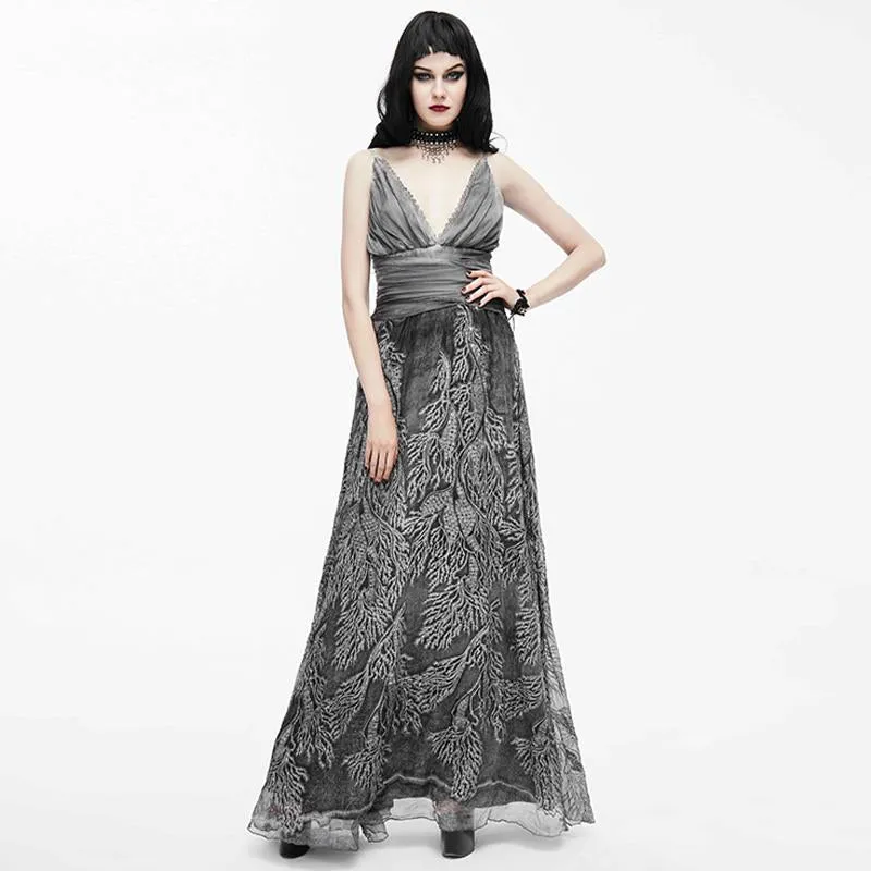 'Elyria' Gothic Halter Neck Dress With Embroidery