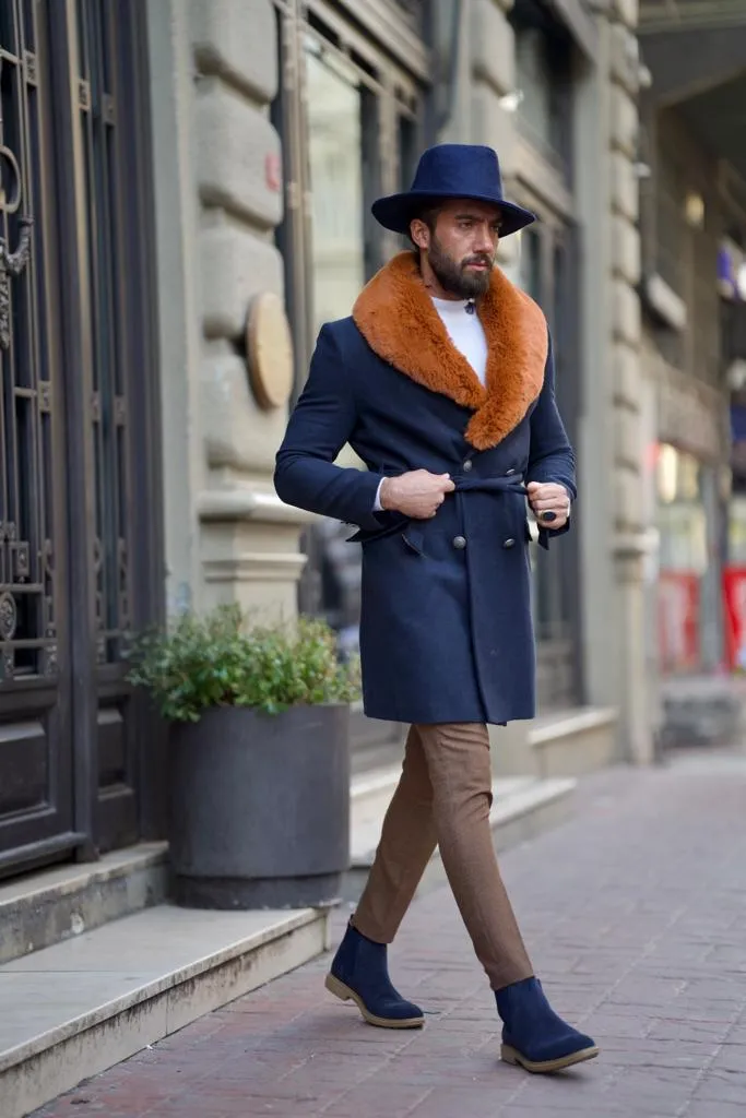 Evan Slim Fit Fur Detailed Blue Cachet Winter Coat
