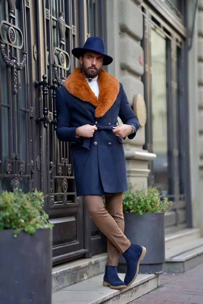 Evan Slim Fit Fur Detailed Blue Cachet Winter Coat