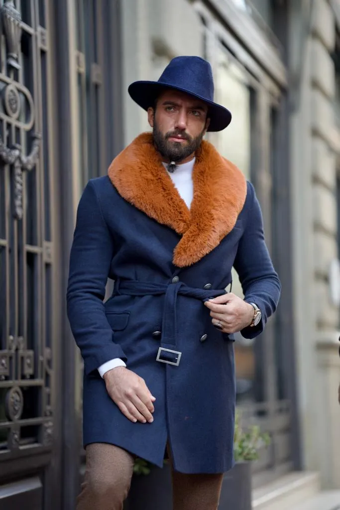 Evan Slim Fit Fur Detailed Blue Cachet Winter Coat
