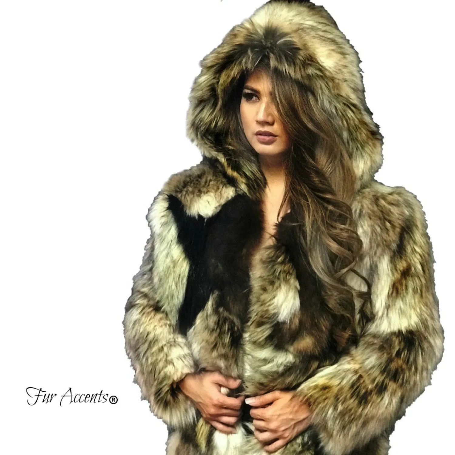 Extraordinary Faux Fur Coat, Pieced Fur,Patchwork,Animal Fur,Hooded Jacket,Long Coat Multi Pelt Design,Unisex Jacket,One Size - Oversize