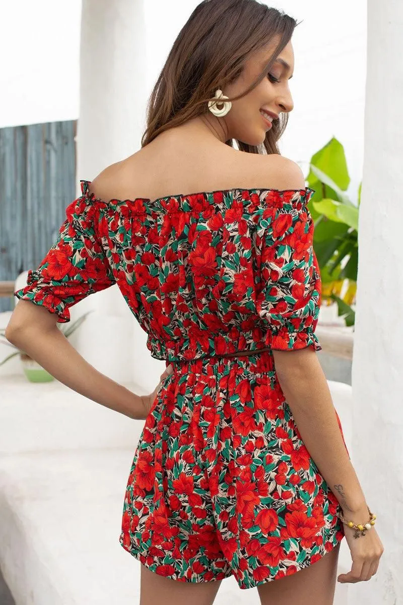 FLORAL OFF SHOULDER CROP TOP AND SHORTS SET