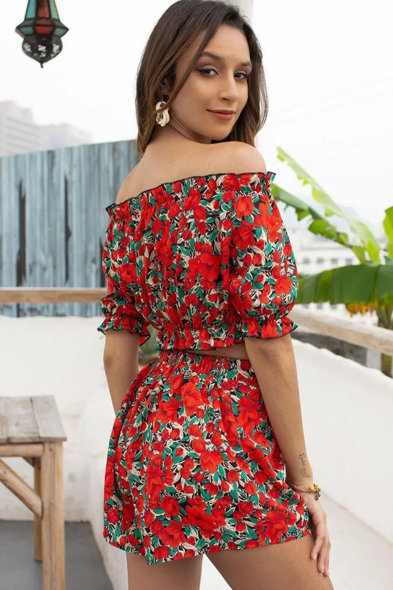 FLORAL OFF SHOULDER CROP TOP AND SHORTS SET