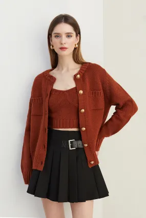 Gold Button Rib-Knit Crewneck Pocket Cardigan