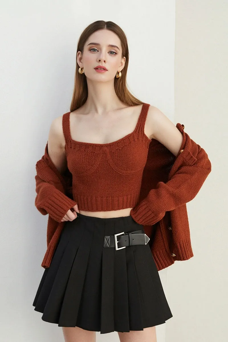 Gold Button Rib-Knit Crewneck Pocket Cardigan