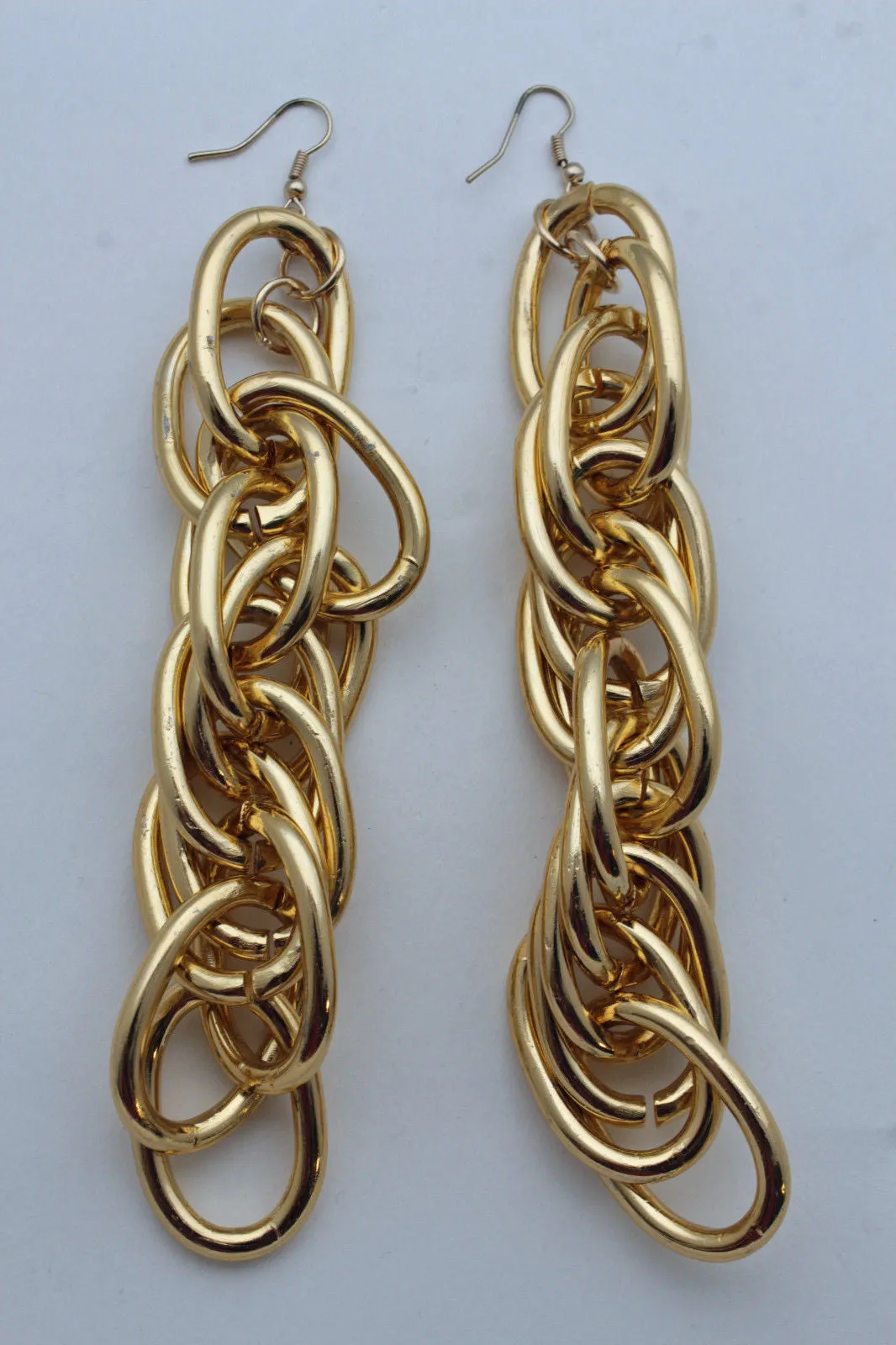 Gold Metal Chain Chunky Thick Links Hip Hop Long Drop Earrings Set