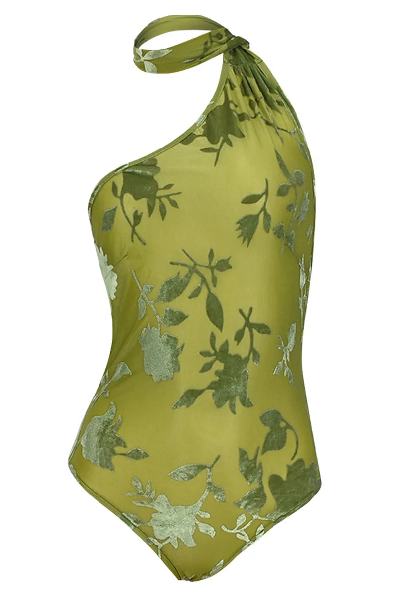 Green Floral Halter Neck Backless Bodysuit