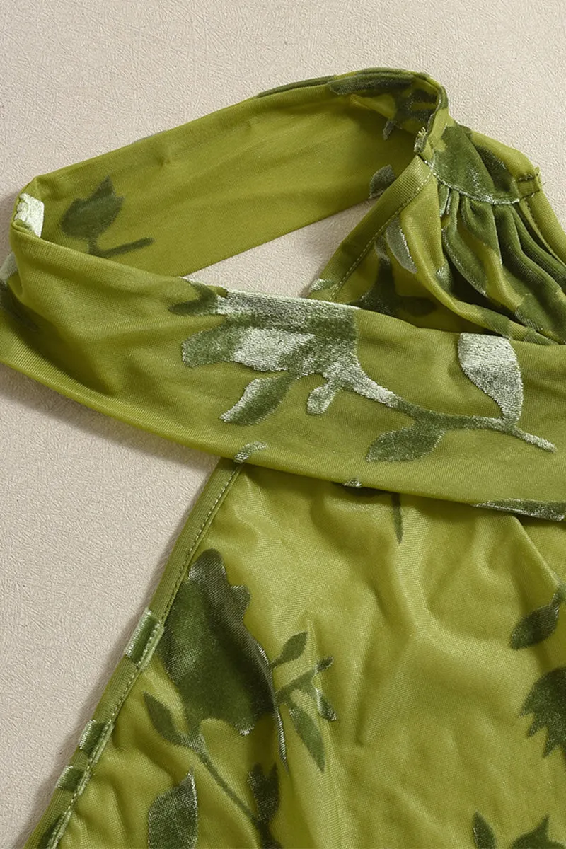 Green Floral Halter Neck Backless Bodysuit