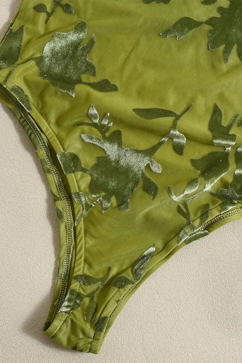 Green Floral Halter Neck Backless Bodysuit