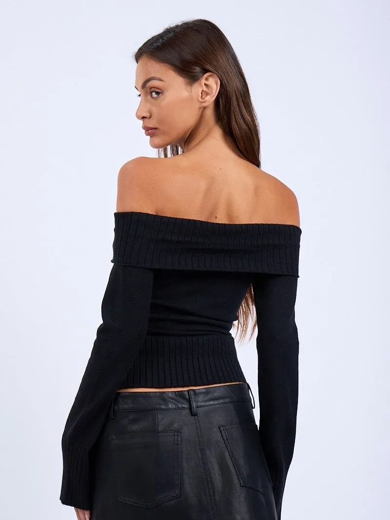 Greta Black Off the Shoulder Crossover Sweater
