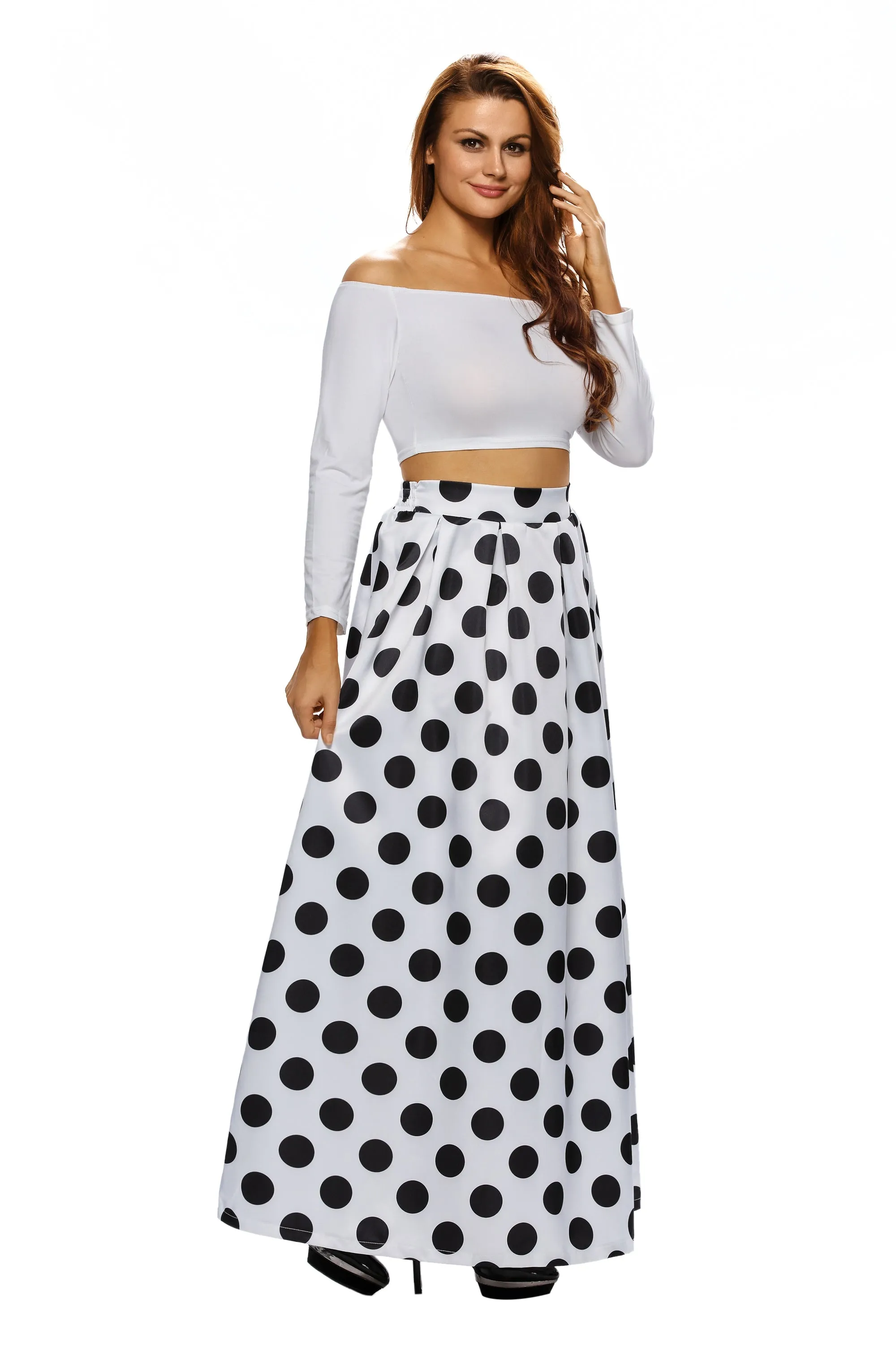 High Waist Polka Dot Print Pleated Maxi Skirt
