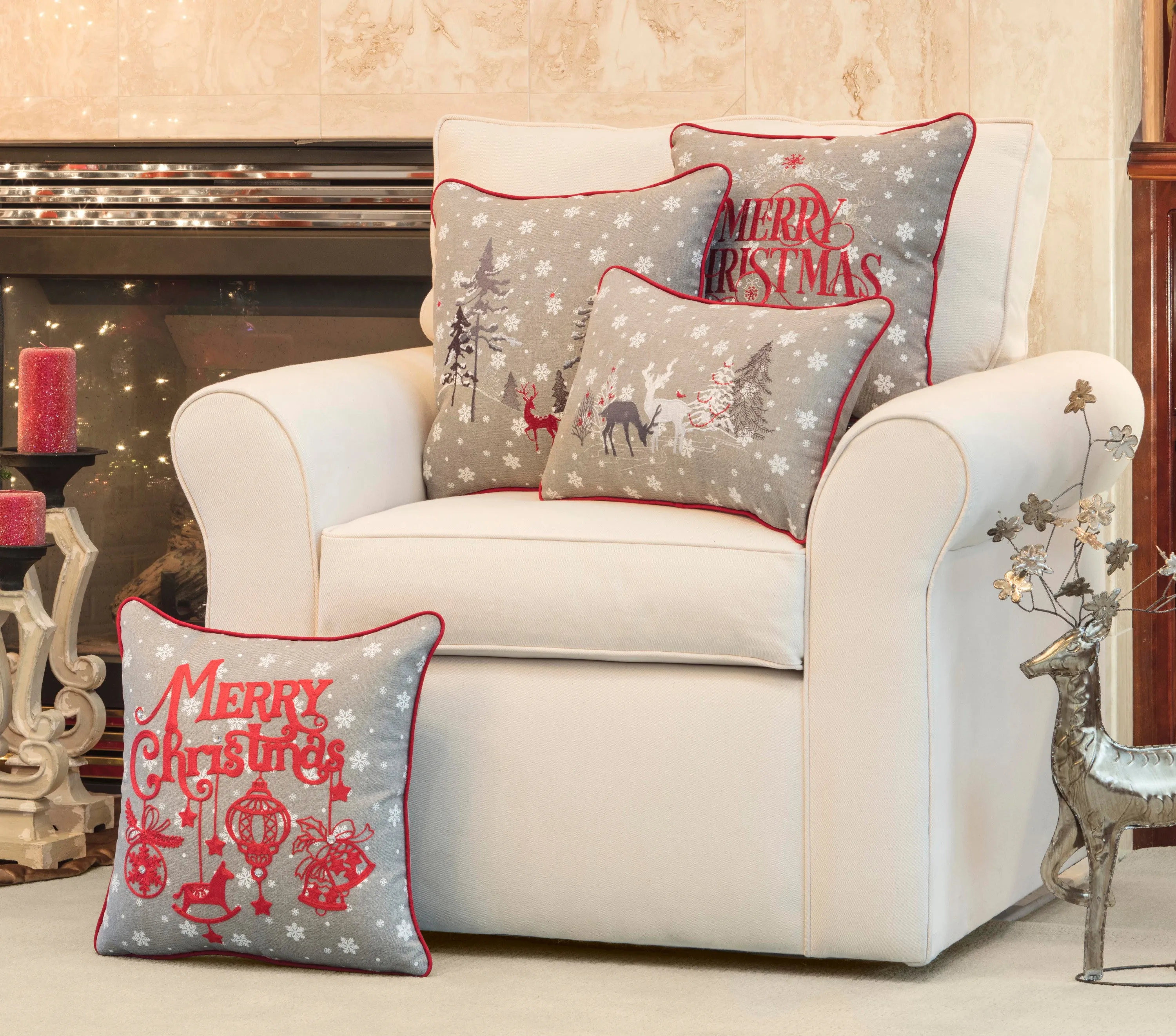 Indoor Christmas Red The Reindeer Grey 16.5-inch Throw Pillow