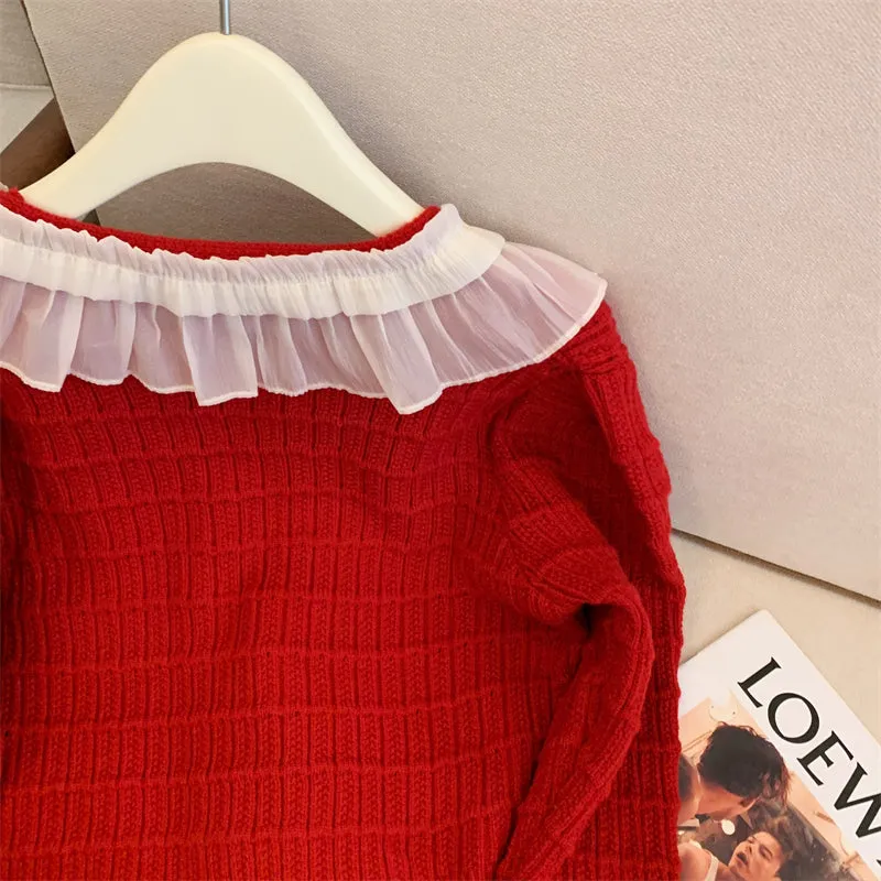 Lace Trim Neckline Christmas Red Cardigan