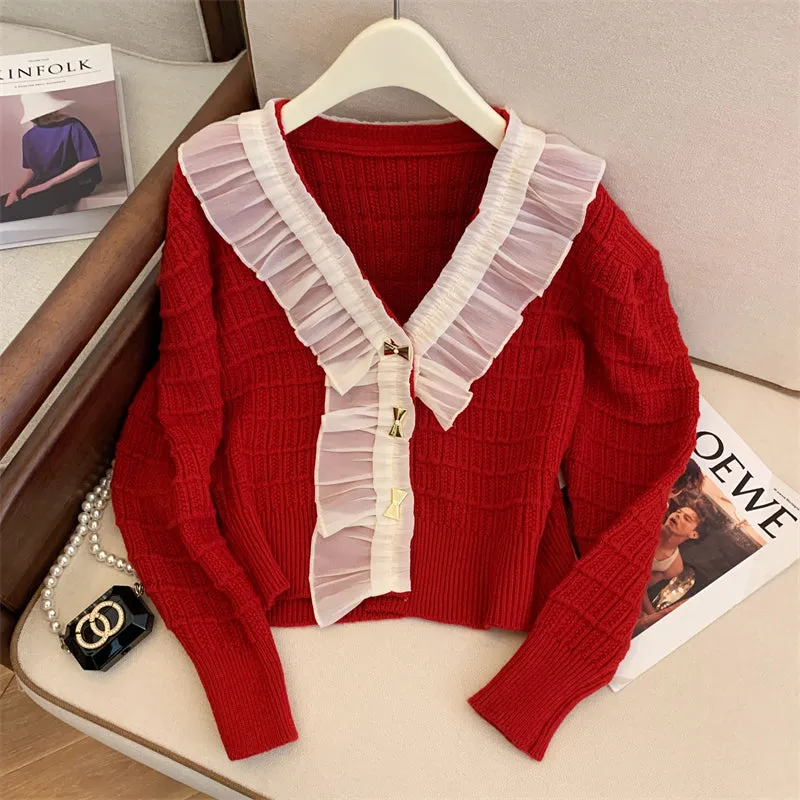 Lace Trim Neckline Christmas Red Cardigan
