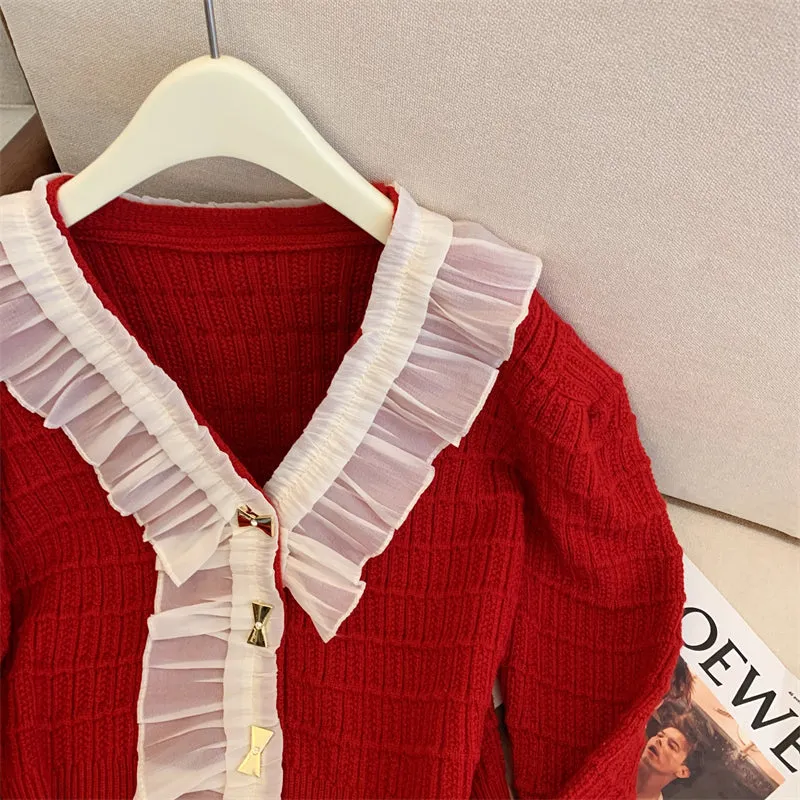Lace Trim Neckline Christmas Red Cardigan