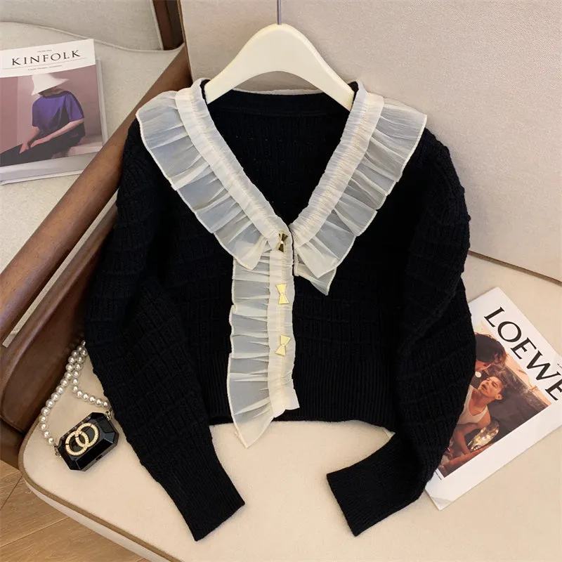 Lace Trim Neckline Christmas Red Cardigan