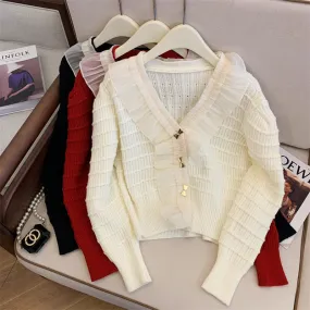 Lace Trim Neckline Christmas Red Cardigan