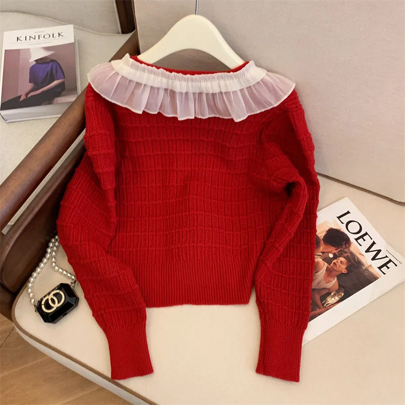 Lace Trim Neckline Christmas Red Cardigan