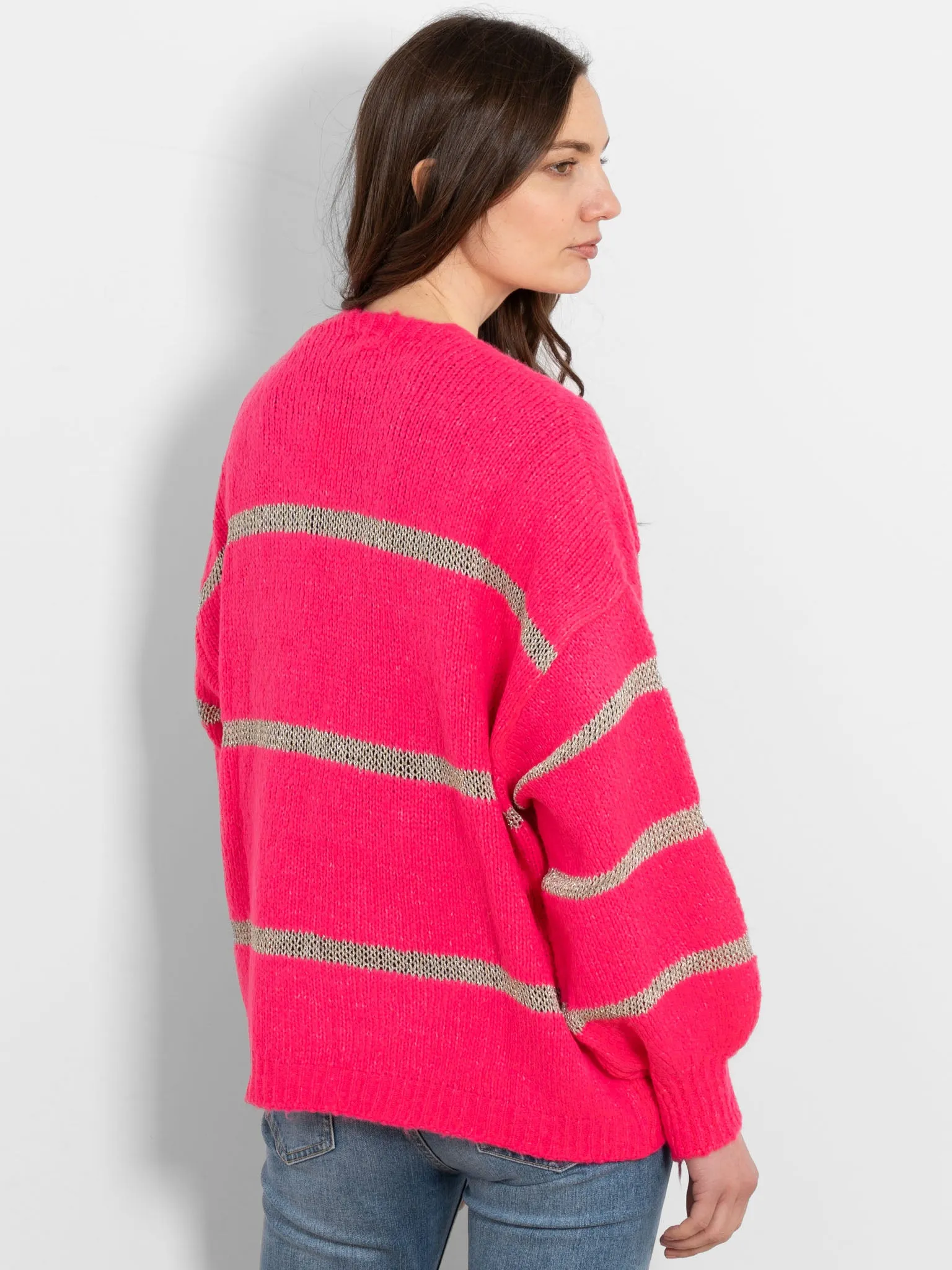 Lucy Wool Blend Cardigan - Neon Pink, Gold/Striped