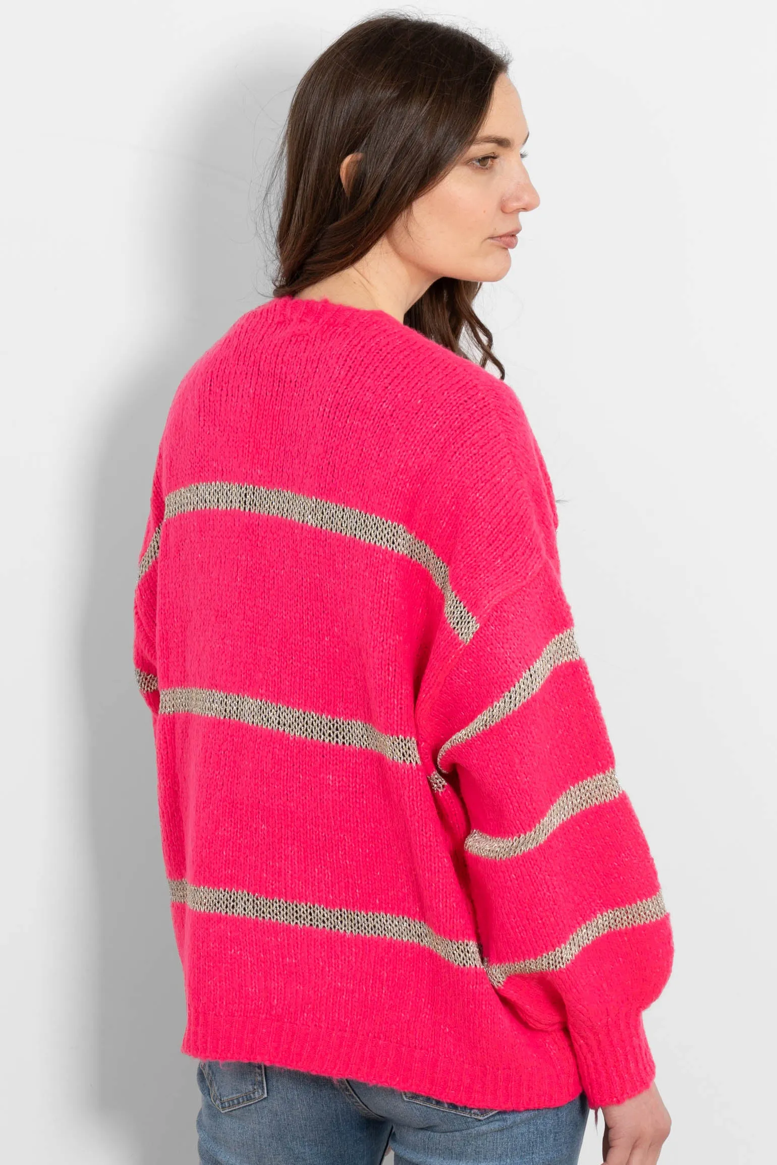 Lucy Wool Blend Cardigan - Neon Pink, Gold/Striped